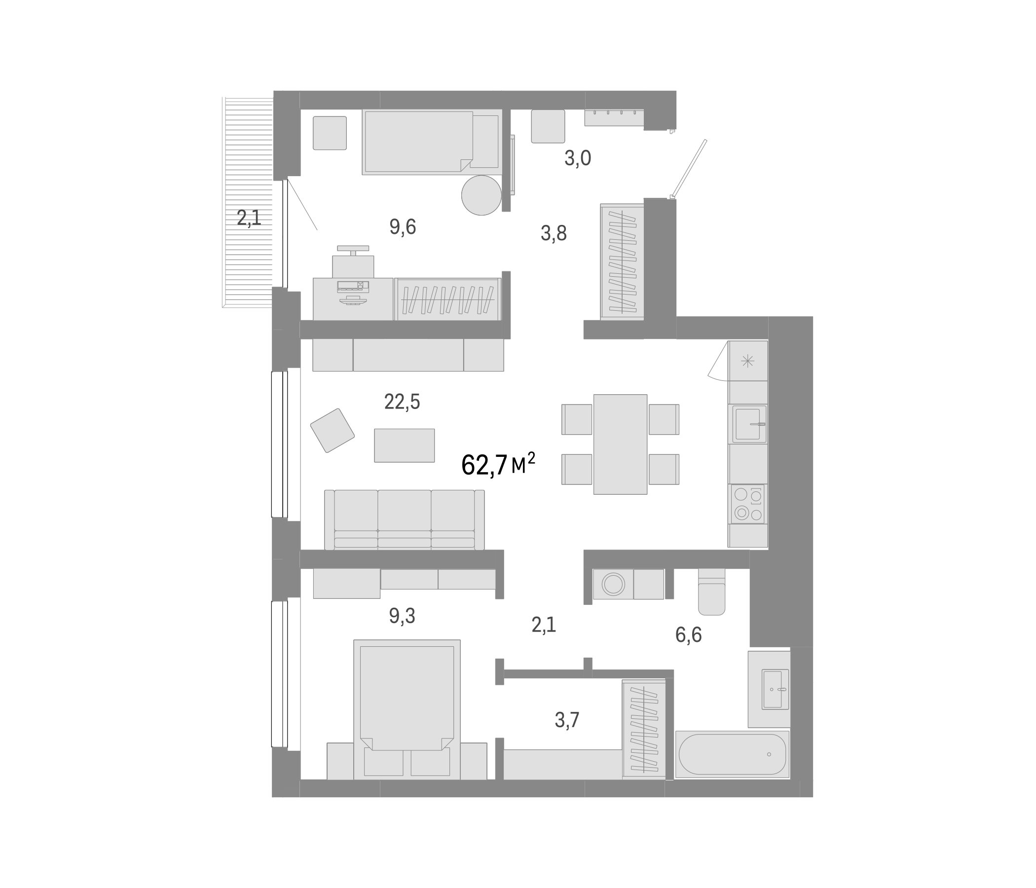 Планировка — Лебедевский, 3-комн., 61 м²