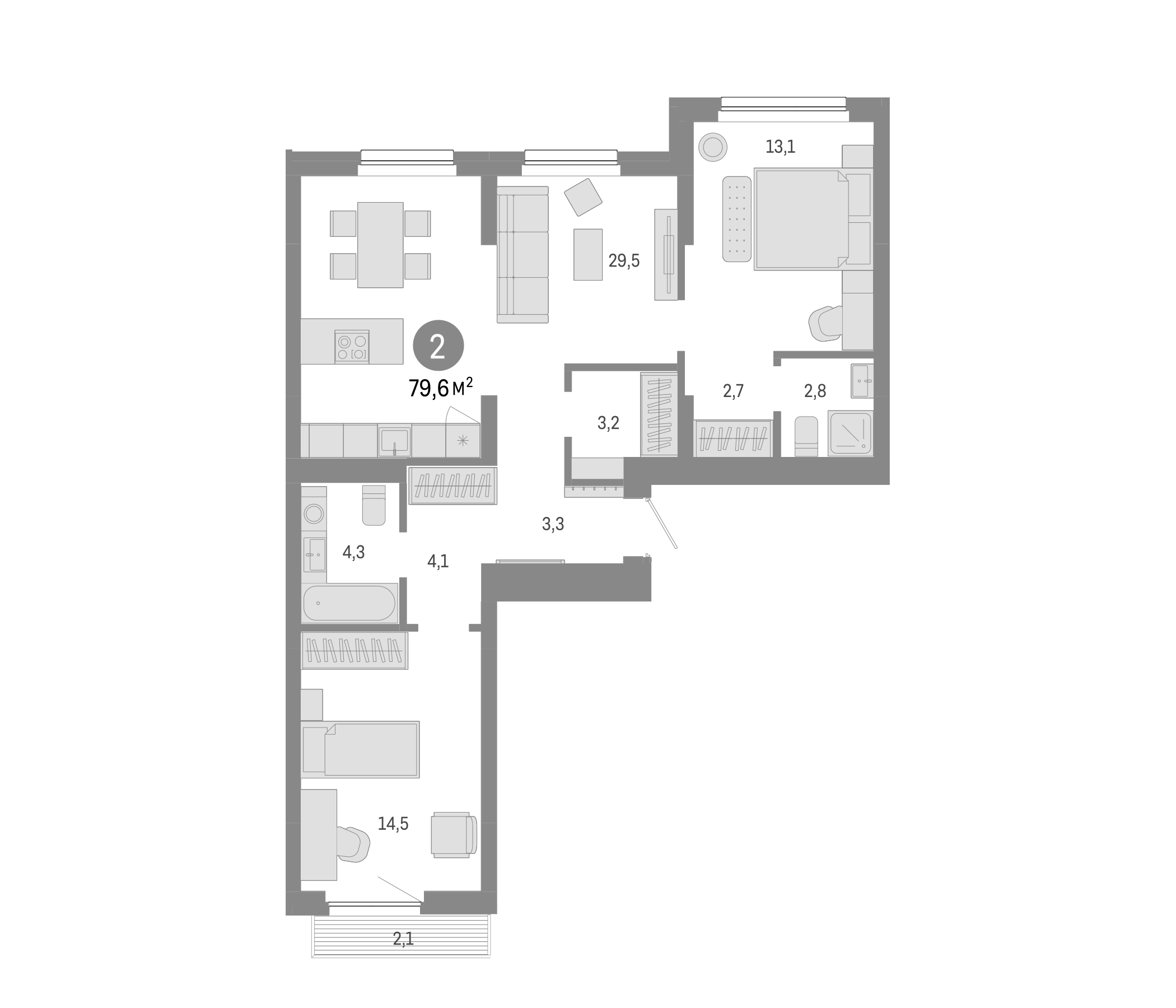 Планировка — Лебедевский, 3-комн., 78 м²