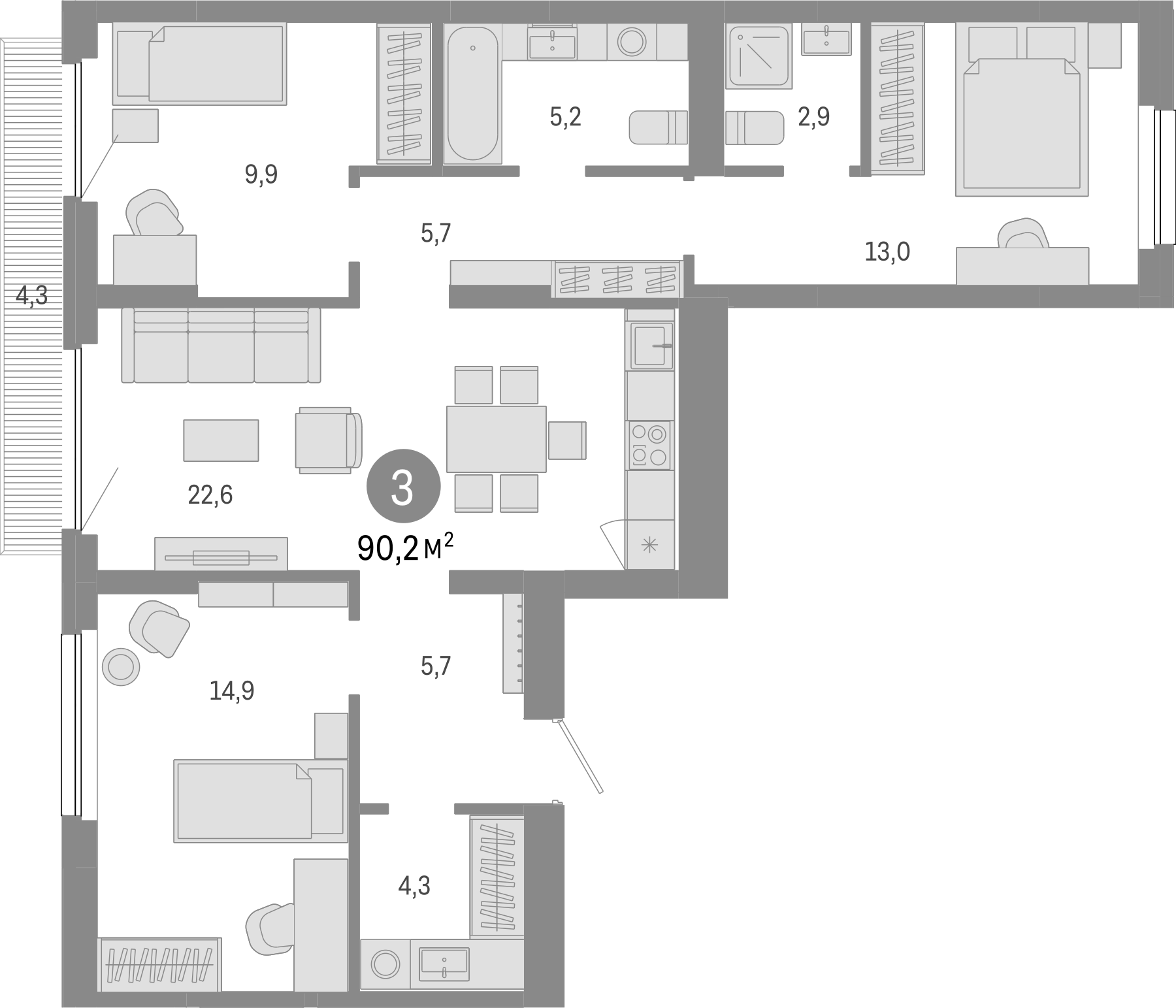 Планировка — Лебедевский, 4-комн., 86 м²