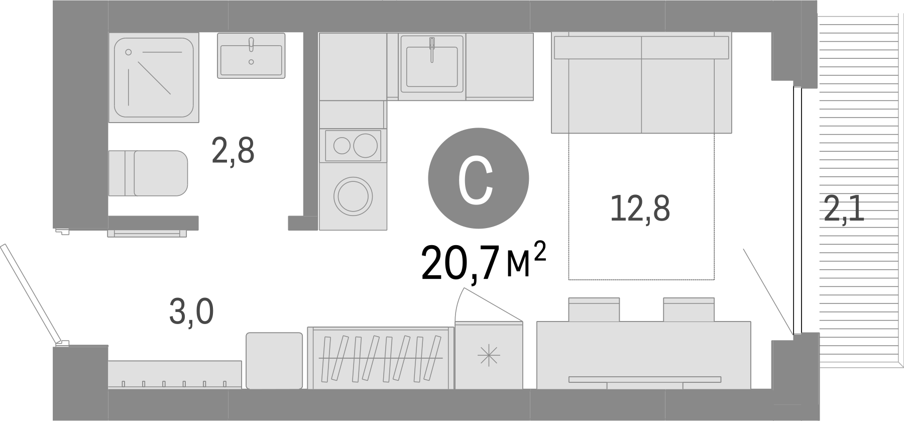 Планировка — Лебедевский, Студия, 19 м²