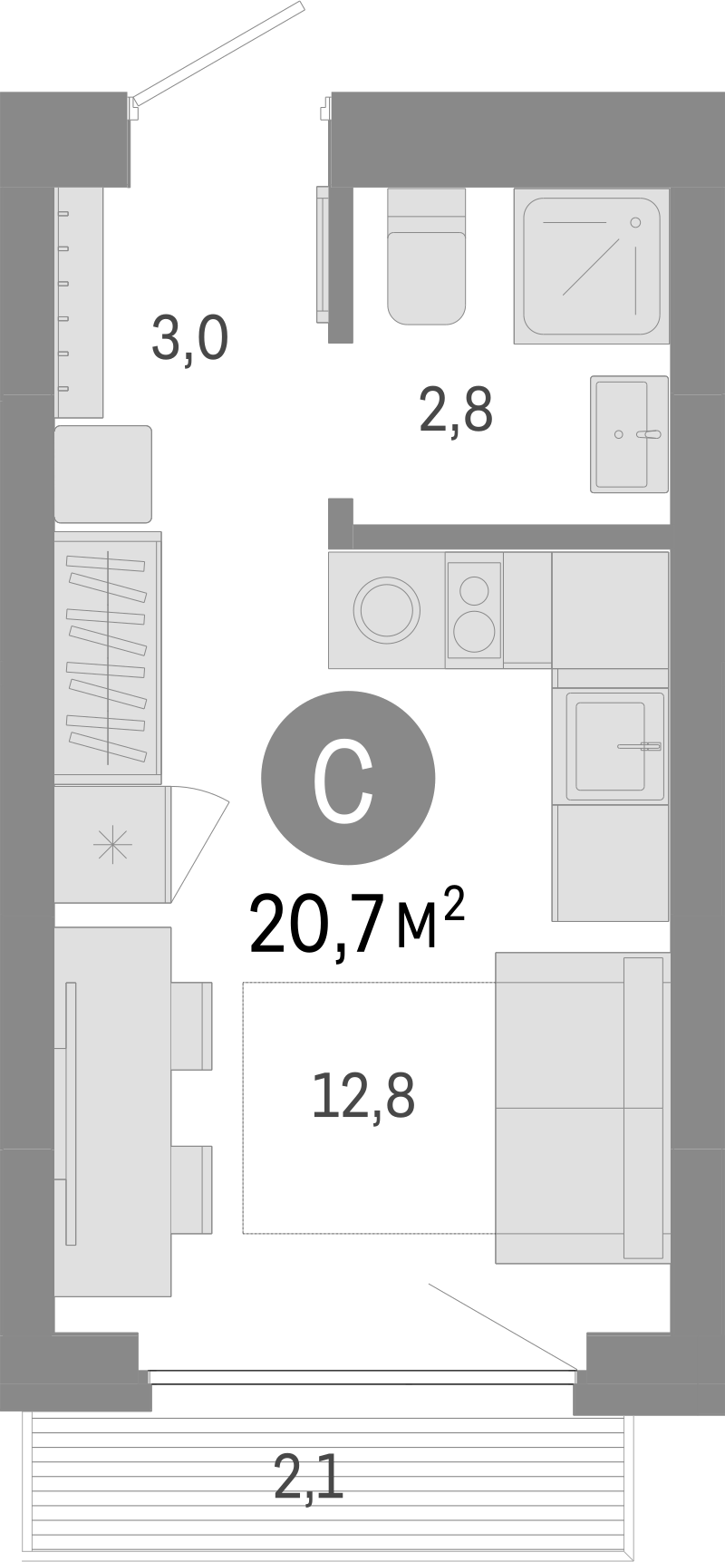 Планировка — Лебедевский, Студия, 19 м²