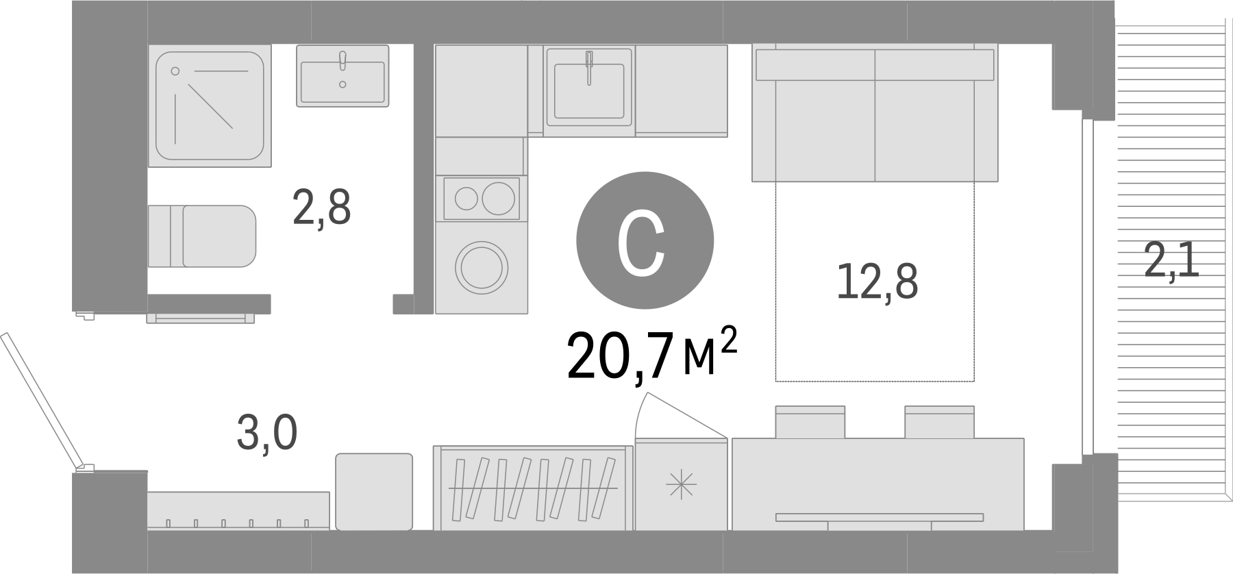 Планировка — Лебедевский, Студия, 19 м²
