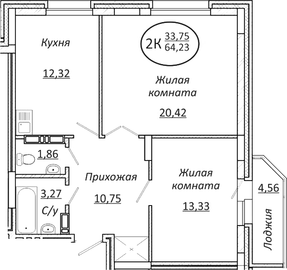 Планировка — Пролетарский, 2-комн., 62 м²