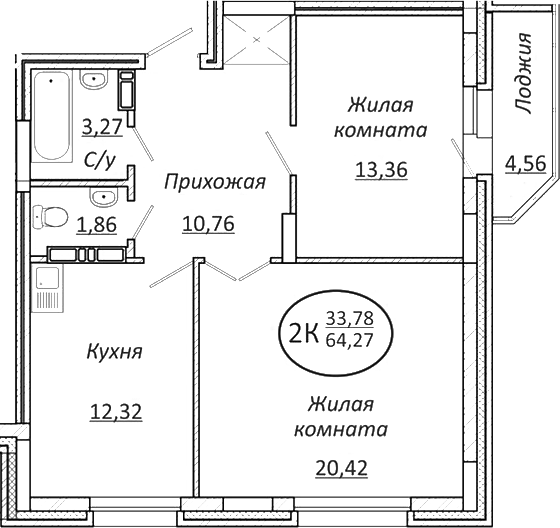 Планировка — Пролетарский, 2-комн., 62 м²