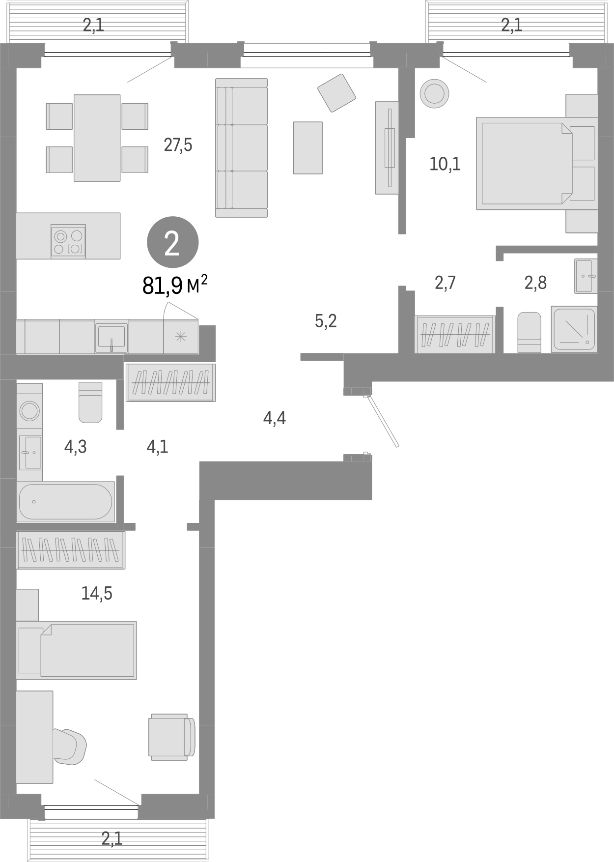 Планировка — Лебедевский, 3-комн., 76 м²