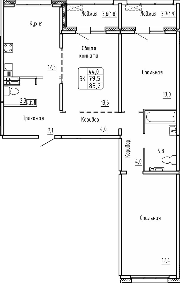 Планировка — Самоцветы, 3-комн., 80 м²