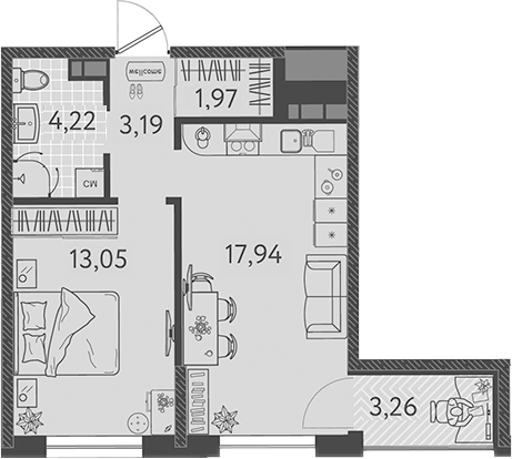 Планировка — Друзья, 2-комн., 39 м²