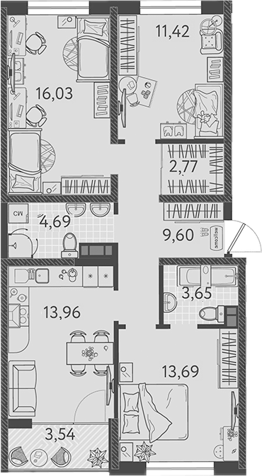 Планировка — Друзья, 4-комн., 76 м²