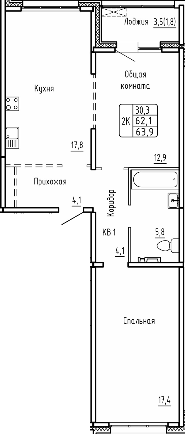 Планировка — Самоцветы, 2-комн., 62 м²