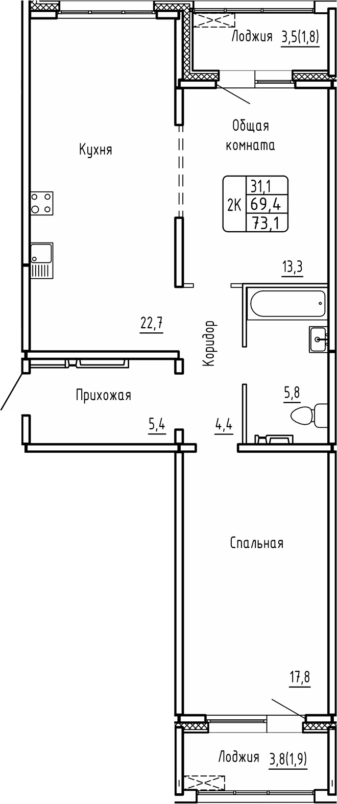 Планировка — Самоцветы, 2-комн., 69 м²