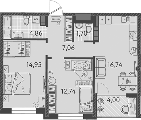 Планировка — Друзья, 3-комн., 57 м²