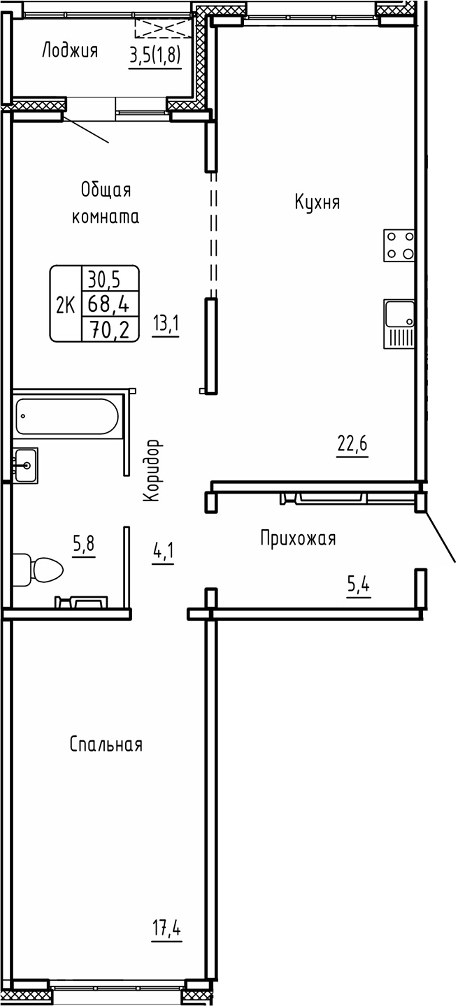 Планировка — Самоцветы, 2-комн., 68 м²