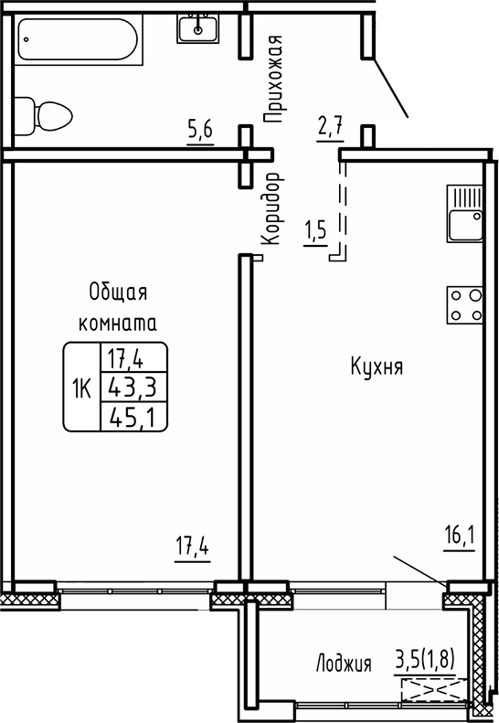 Планировка — Самоцветы, 1-комн., 43 м²