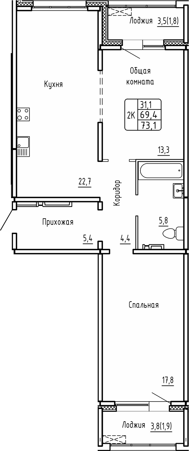 Планировка — Самоцветы, 2-комн., 69 м²
