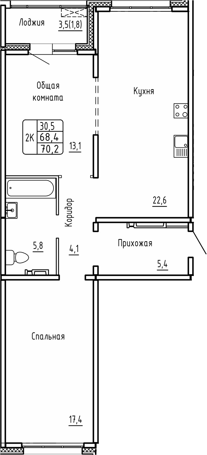 Планировка — Самоцветы, 2-комн., 68 м²