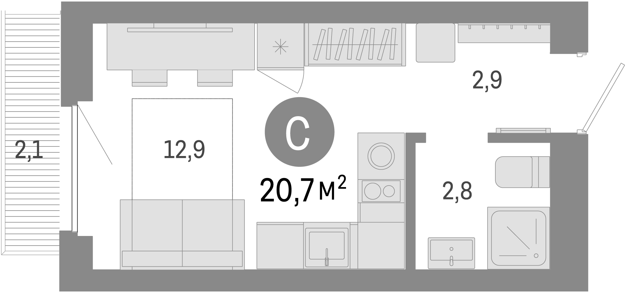 Планировка — Лебедевский, Студия, 19 м²