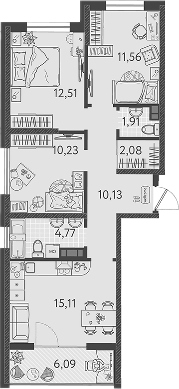 Планировка — Друзья, 4-комн., 68 м²