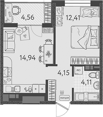 Планировка — Друзья, 2-комн., 36 м²