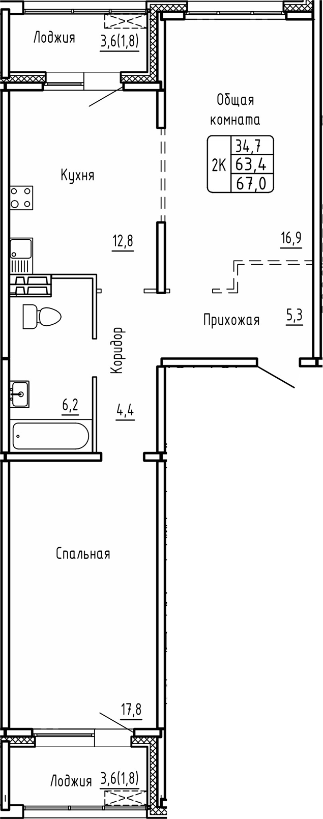 Планировка — Самоцветы, 2-комн., 63 м²