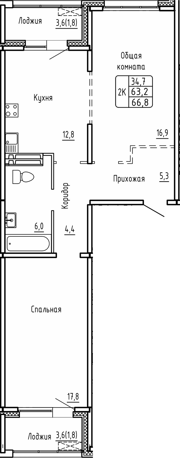 Планировка — Самоцветы, 2-комн., 63 м²