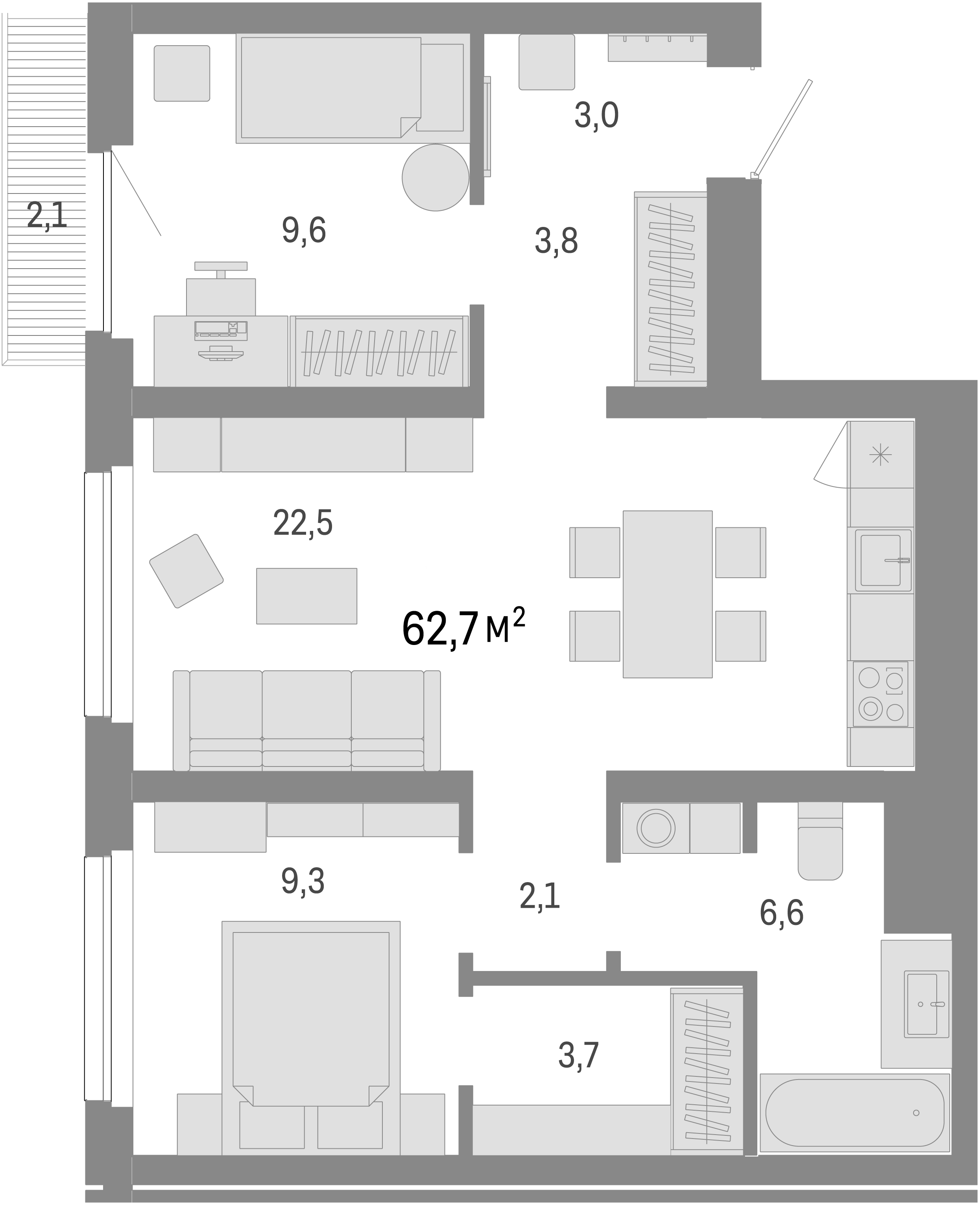 Планировка — Лебедевский, 3-комн., 61 м²