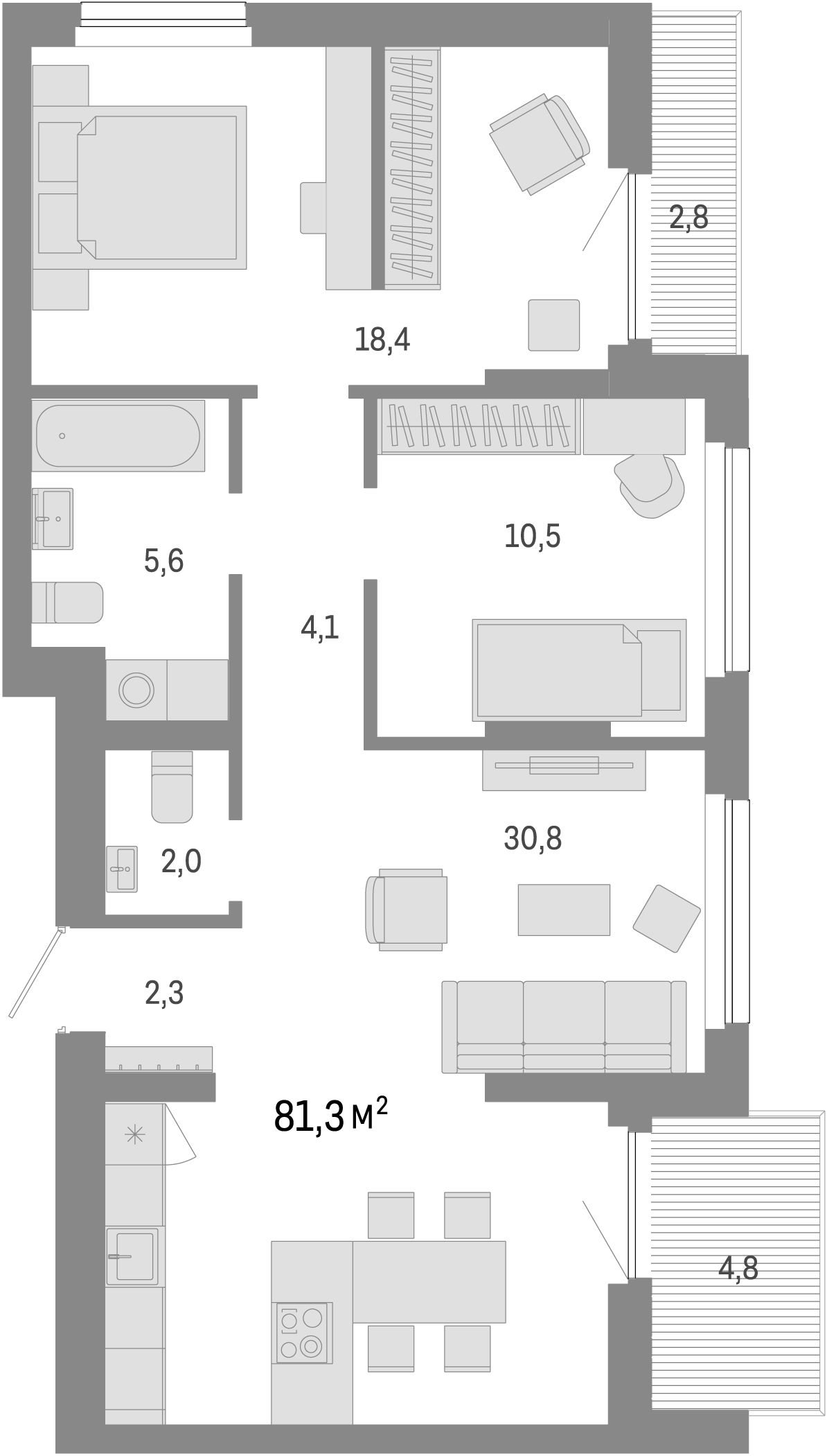Планировка — Лебедевский, 3-комн., 74 м²