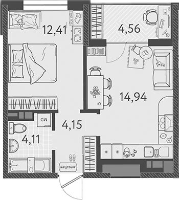 Планировка — Друзья, 2-комн., 36 м²
