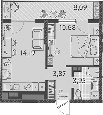 Планировка — Друзья, 2-комн., 33 м²