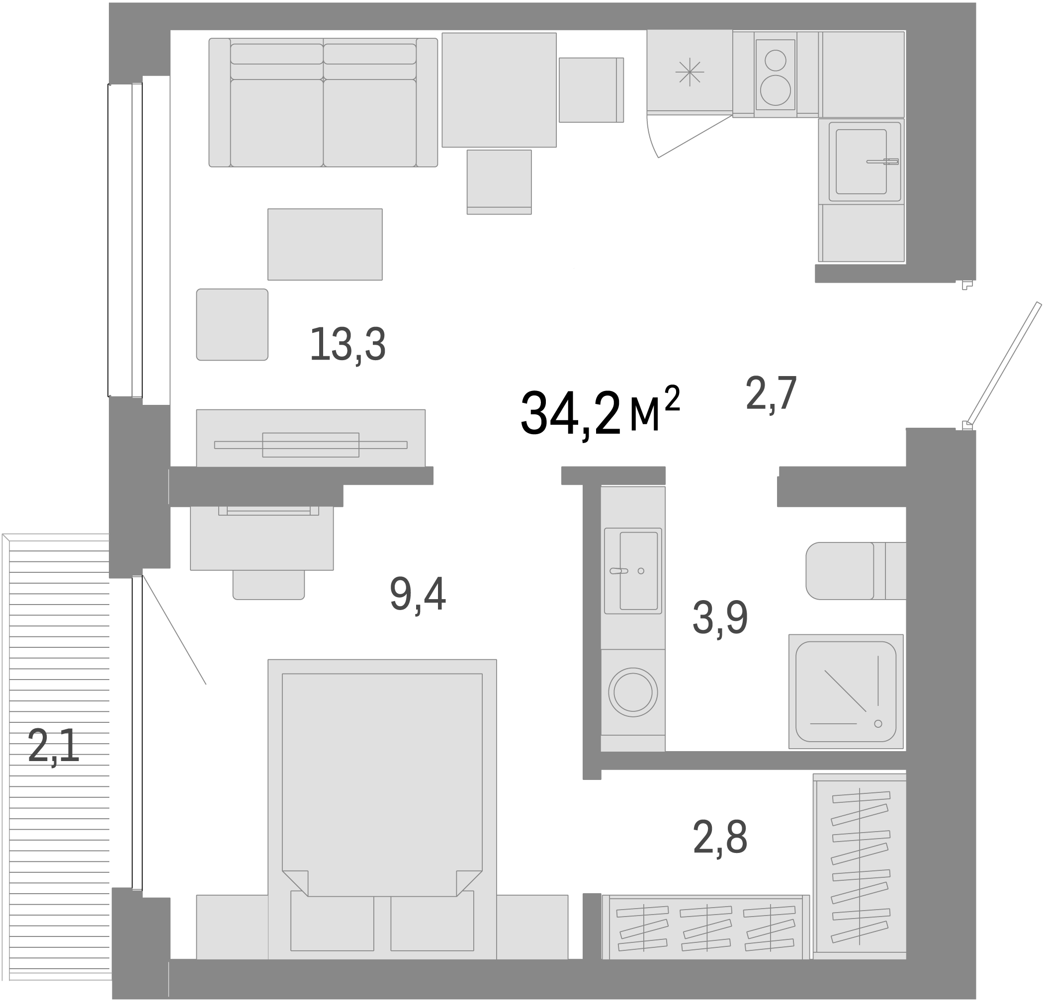 Планировка — Лебедевский, 2-комн., 32 м²