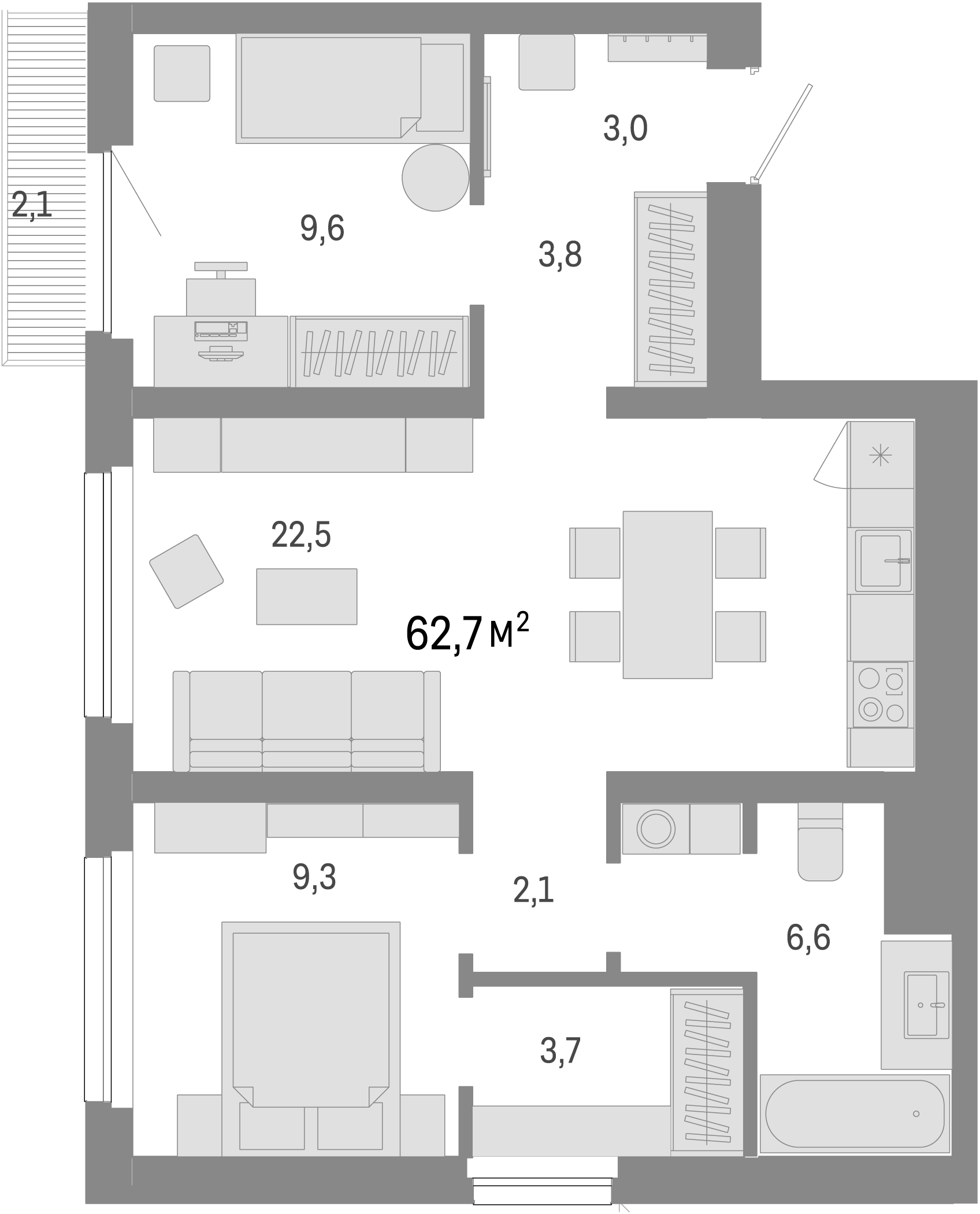 Планировка — Лебедевский, 3-комн., 61 м²