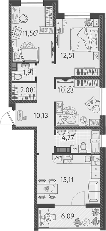 Планировка — Друзья, 4-комн., 68 м²