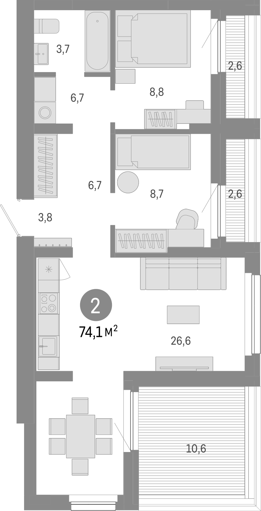 Планировка — Лебедевский, 3-комн., 66 м²