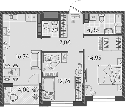 Планировка — Друзья, 3-комн., 58 м²
