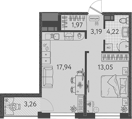 Планировка — Друзья, 2-комн., 39 м²