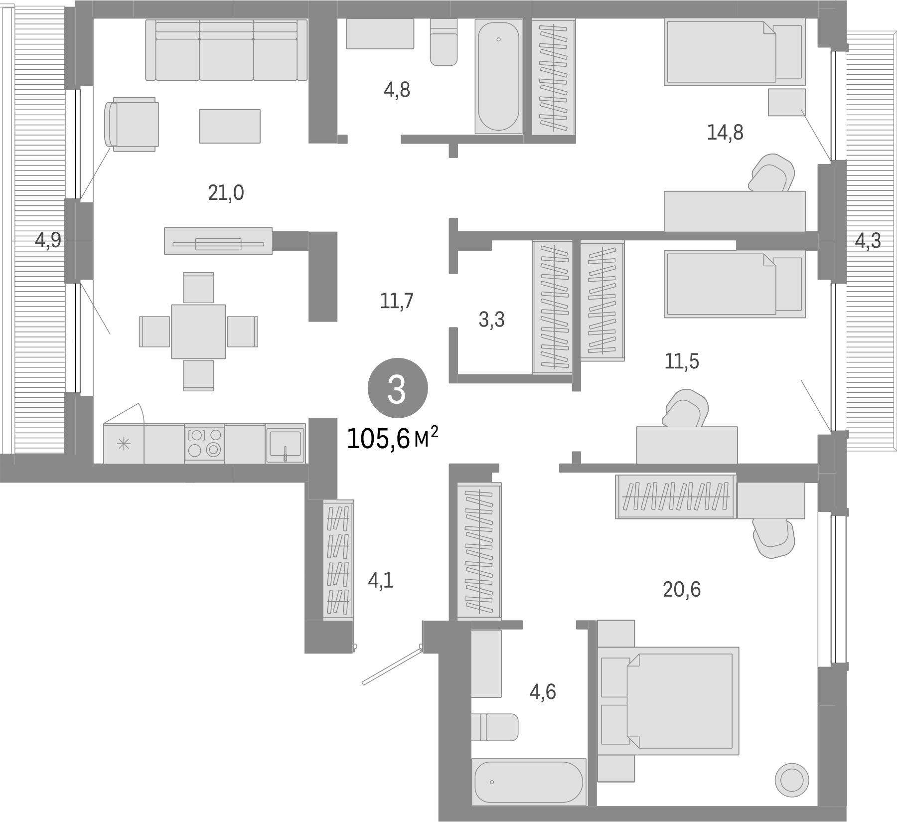 Планировка — Лебедевский, 4-комн., 96 м²