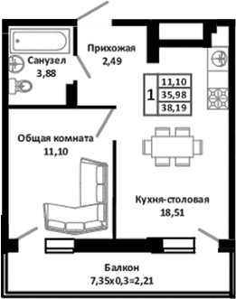 Планировка — Южные Соседи, 2-комн., 41 м²