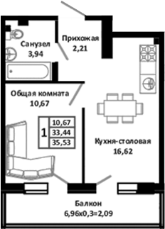 Планировка — Южные Соседи, 2-комн., 38 м²