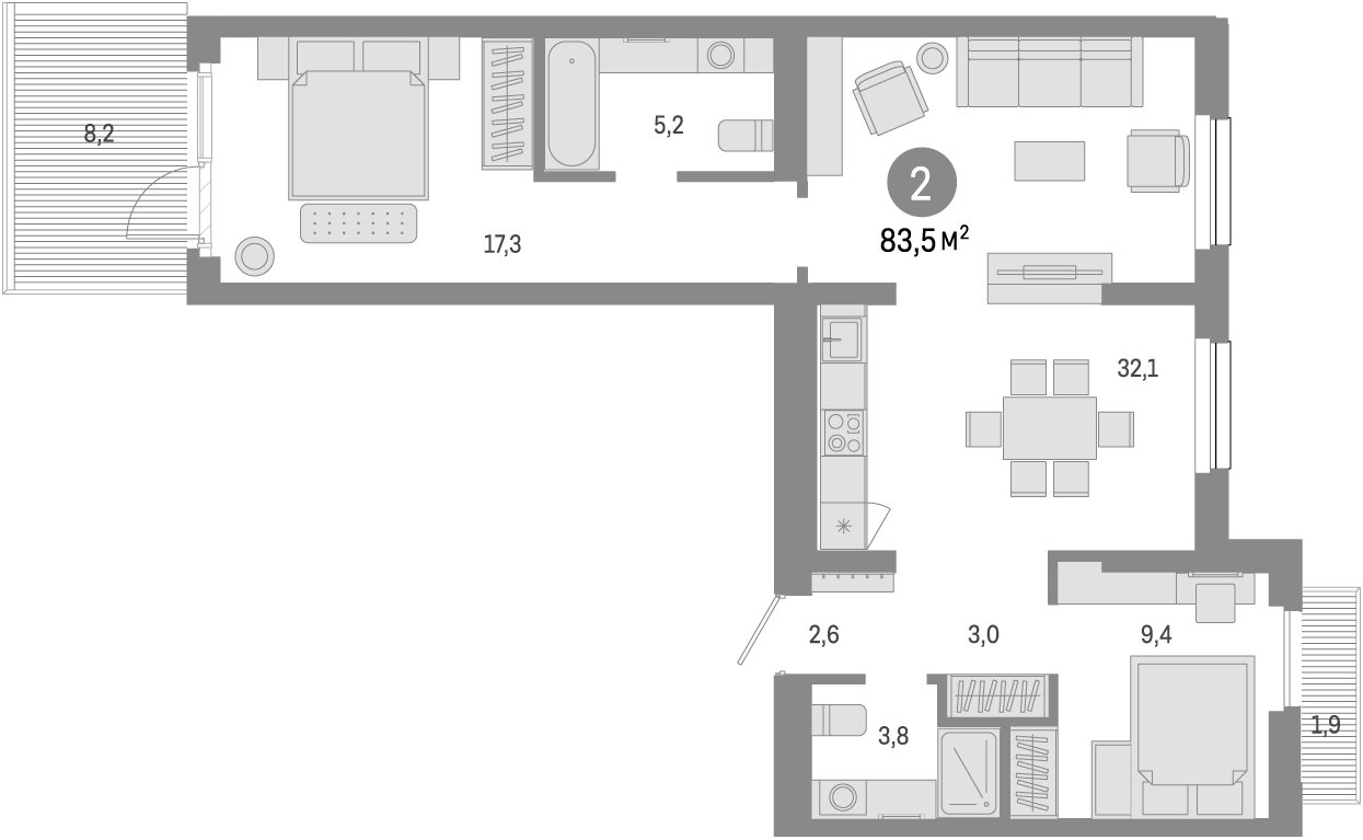 Планировка — Лебедевский, 3-комн., 73 м²