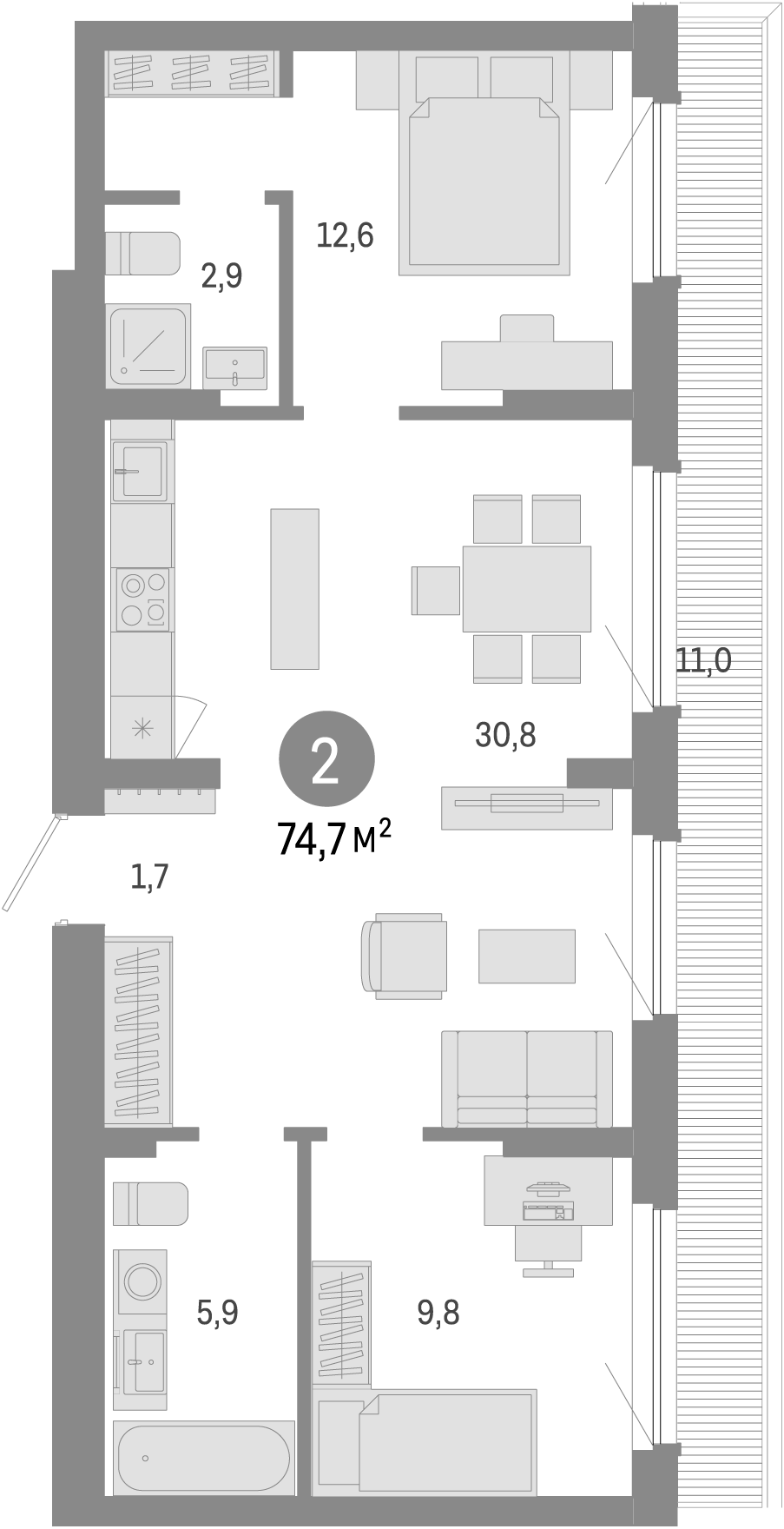 Планировка — Лебедевский, 3-комн., 64 м²