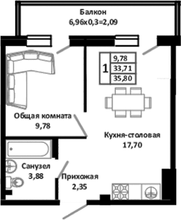 Планировка — Южные Соседи, 2-комн., 39 м²
