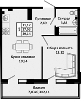 Планировка — Южные Соседи, 2-комн., 42 м²