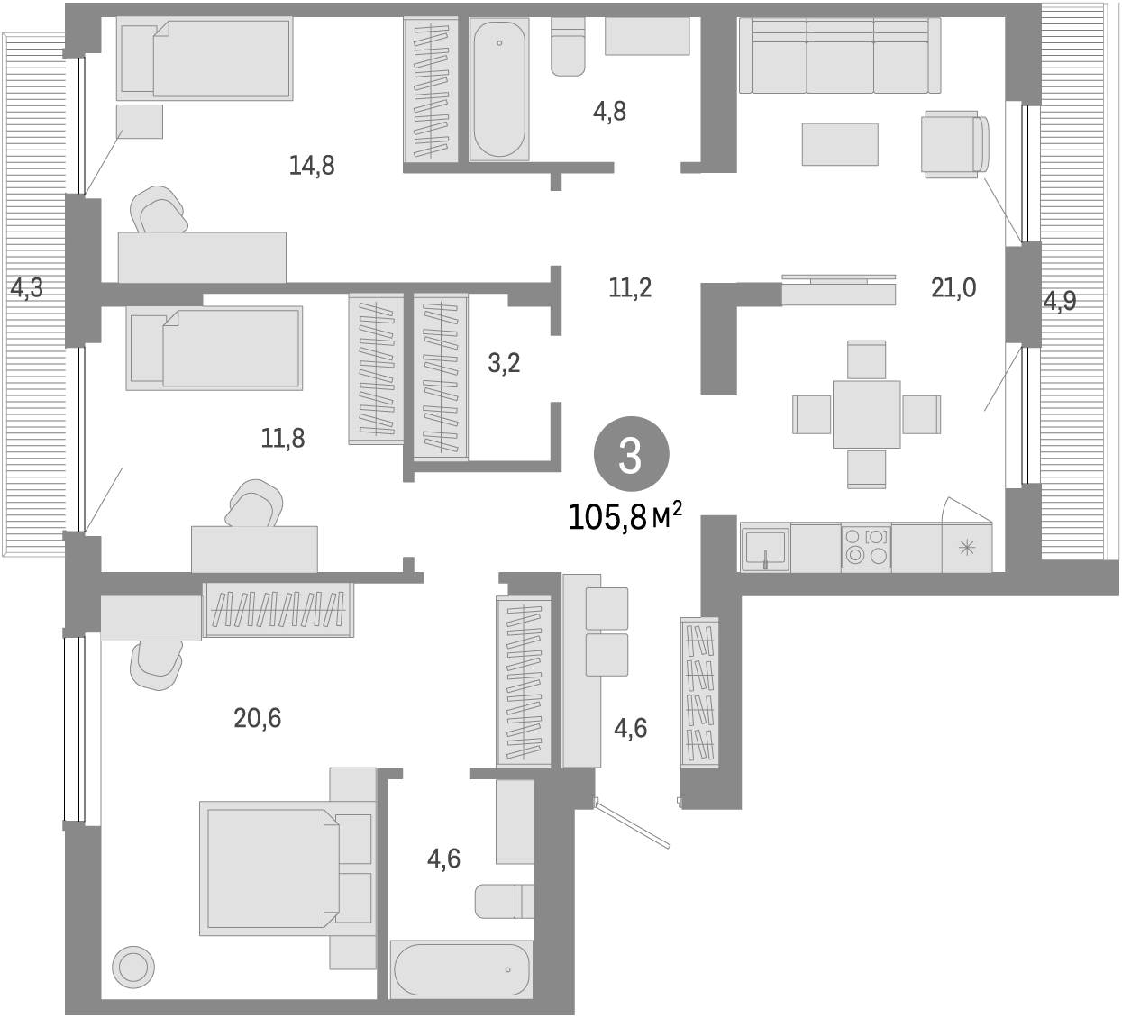 Планировка — Лебедевский, 4-комн., 97 м²