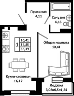 Планировка — Южные Соседи, 2-комн., 37 м²