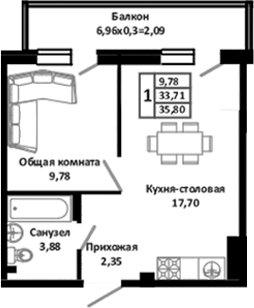 Планировка — Южные Соседи, 2-комн., 39 м²