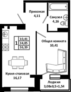 Планировка — Южные Соседи, 2-комн., 36 м²