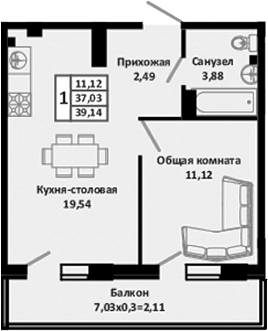 Планировка — Южные Соседи, 2-комн., 42 м²