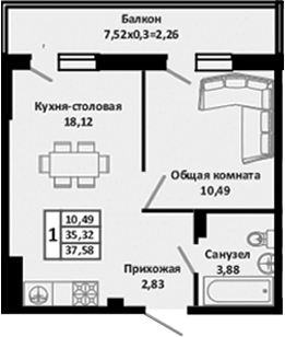Планировка — Южные Соседи, 1-комн., 41 м²