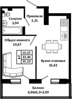 Планировка — Южные Соседи, 2-комн., 38 м²