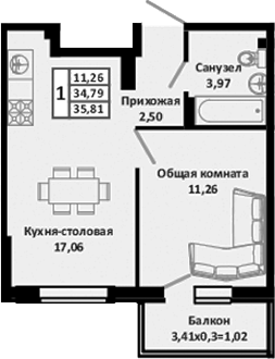 Планировка — Южные Соседи, 2-комн., 37 м²
