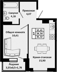 Планировка — Южные Соседи, 2-комн., 36 м²